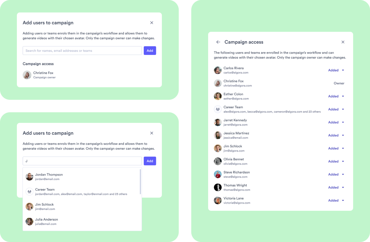 Adding teammates to a campaign — the Add users dialog and the Campaign access list showing who is enrolled to generate videos with their avatar